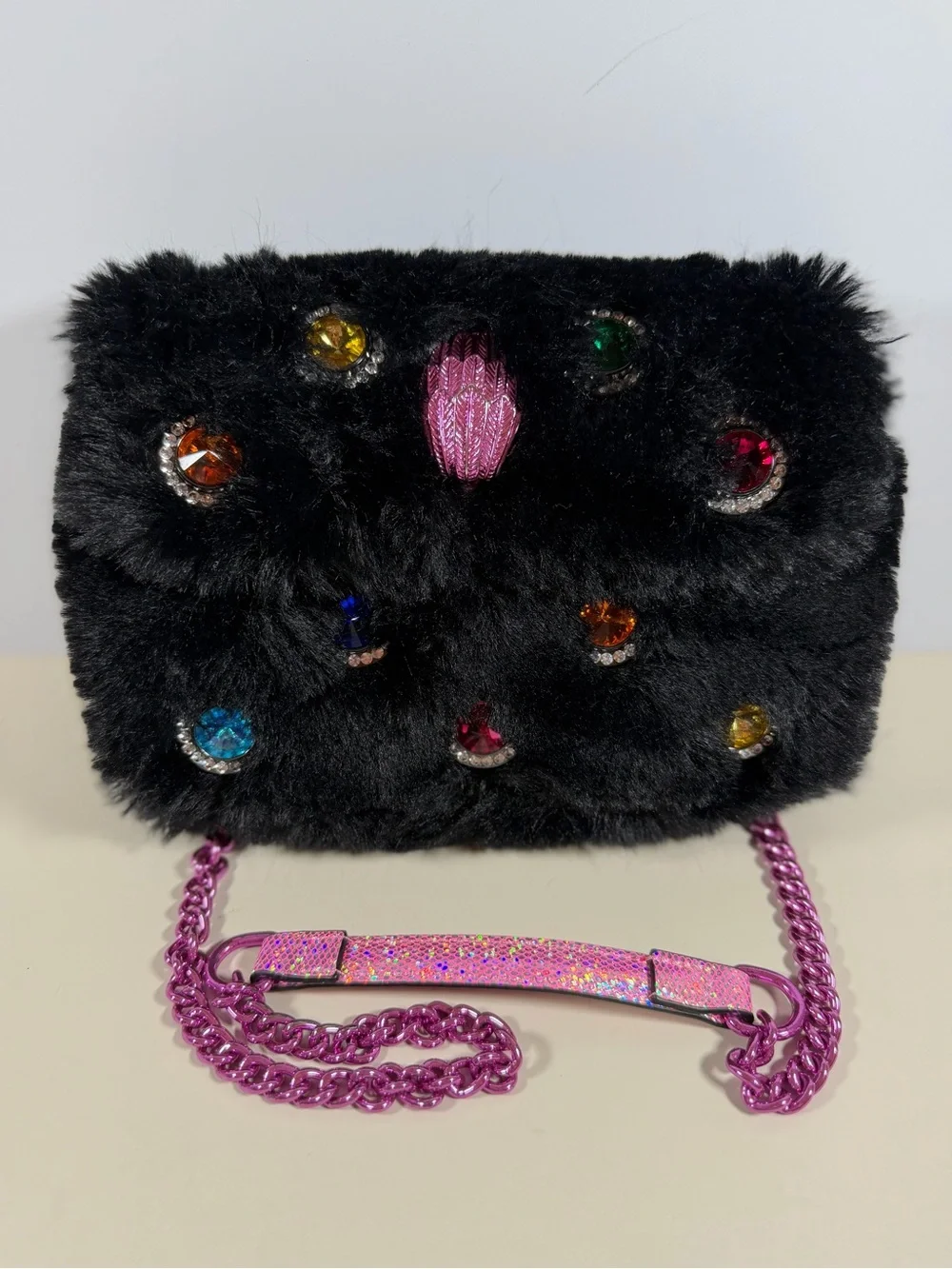 Kurt Geiger Black Faux Fur Jeweled Phone Case with Pink Glitter Chain